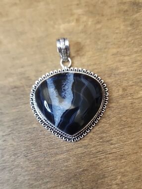 Black Agate Pendant Silver-tone Frame - Women Jewelry